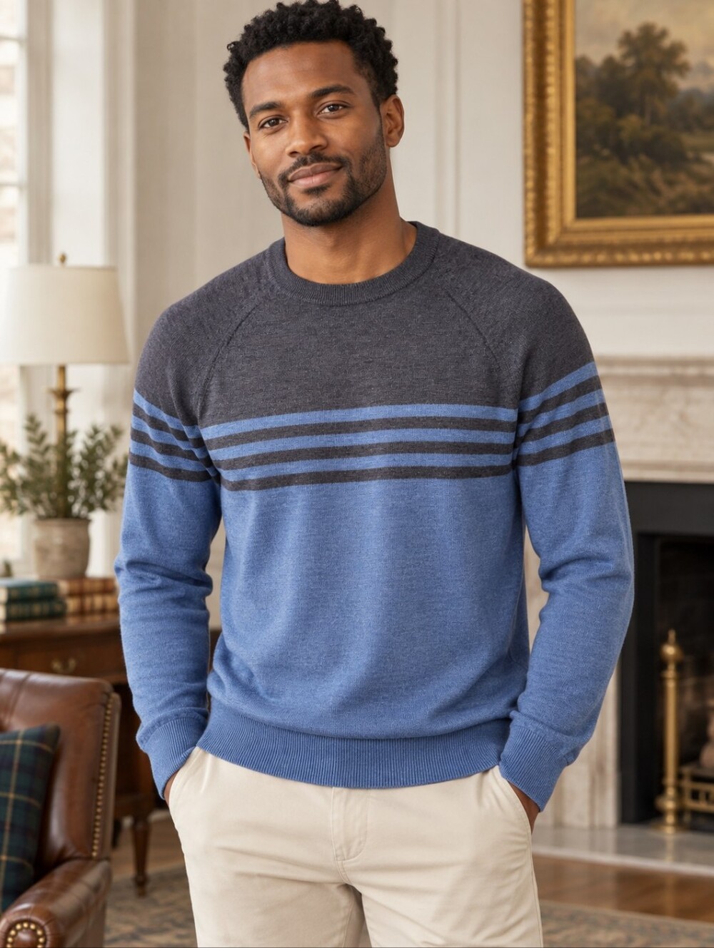 Banana Republic Mens M 100% Merino Wool Blue Stripe Crewneck Sweater Old Money